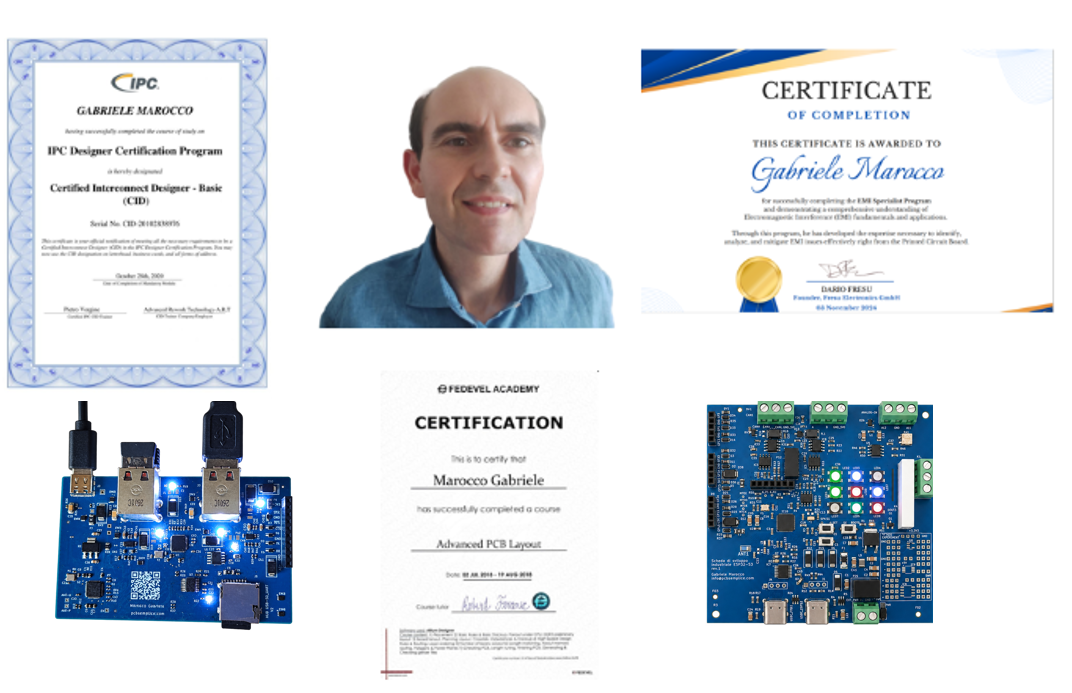 Gabriele Marocco, attestati IPC CID, formazione EMI e Advanced PCB Layout, e due schede elettroniche